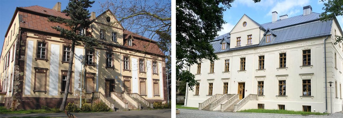 Zdjęcie pałacu w Suchej Górnej przed i po remoncie